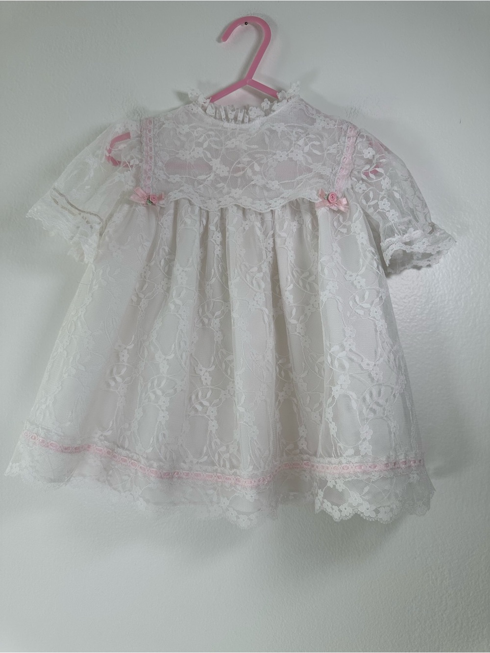 Vintage Baby Lace Dress Baptism Christening White Pink USA Heirloom